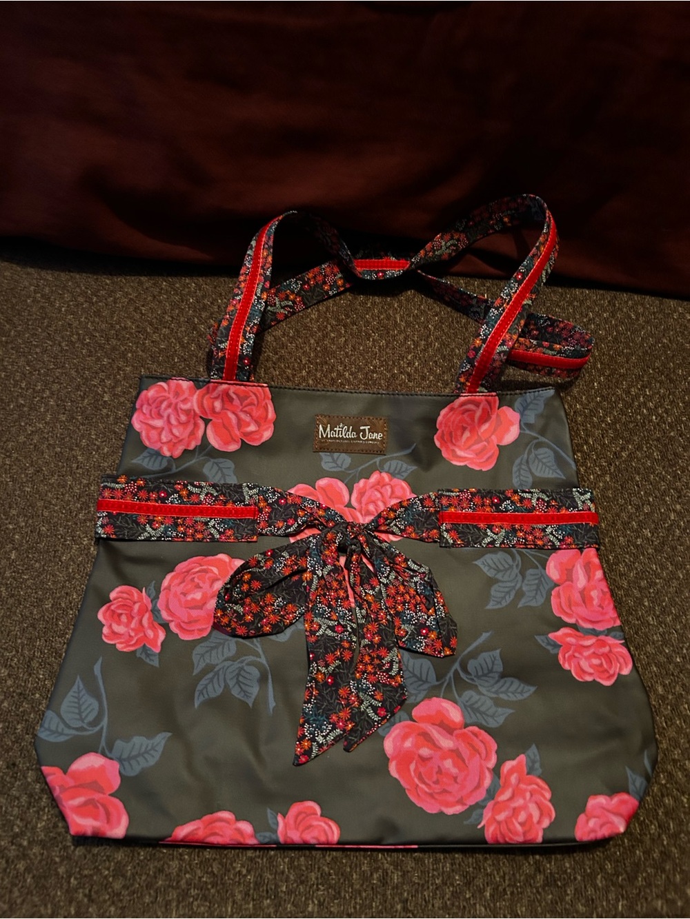 Matilda Jane Gray Tote with Pink Rose Accents and Floral Bow